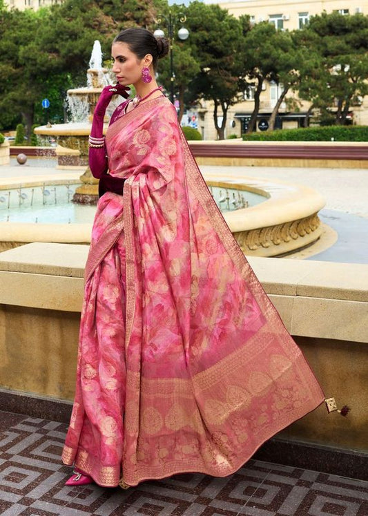 Pink Wevon Designer & Embroidery Work Jacquard Silk Saree