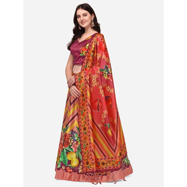 Digital Print Satin Silk Fabric Stitched Lehenga Choli With Jequared Blouse and Assami Silk Thread Work Dupatta For Women and Girls In Festive Party And Traditional Wear
