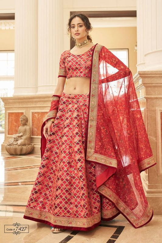 Red Women's Art Silk Embroidery Lehenga Choli