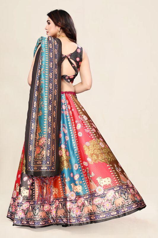 Digital Print Satin Silk Fabric Stitched Lehenga Choli With Jequared Blouse and Assami Silk Thread Work Dupatta For Women and Girls In Festive Party And Traditional Wear