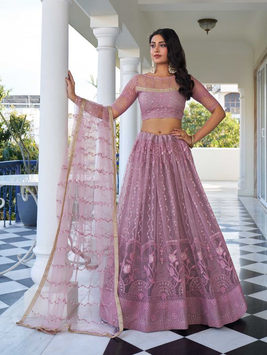 Dusty Pink Color Net Fabric Lahenga With Sequins And Thread Embroidery Work