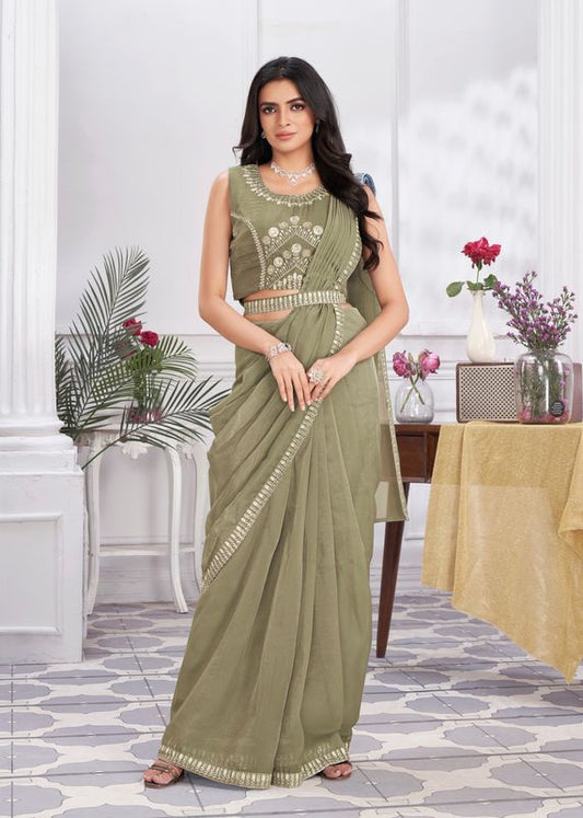 Green Designer Sequance Embroidery & Hand Work Organza Saree