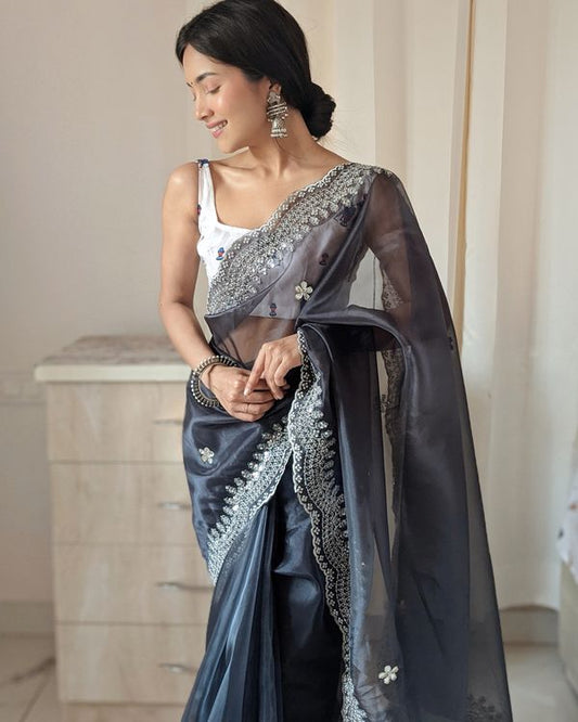 Lavender Sequance Embroidery & Hand Work Organza Saree