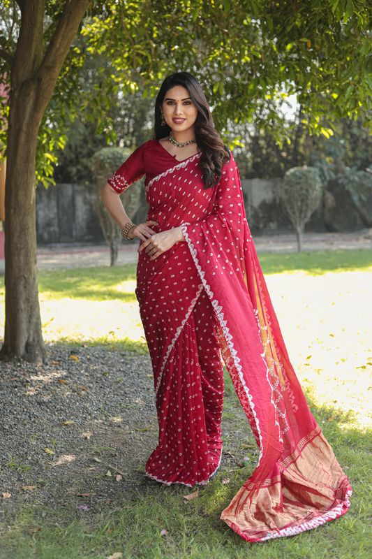 Red Wevon Jari Pallu Designer & Bandhej Printed Silk Saree