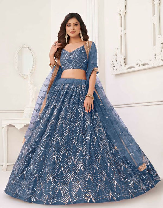 Peach Color Net Fabric Lehenga Choli With Sequins And Thread Embroidery Work