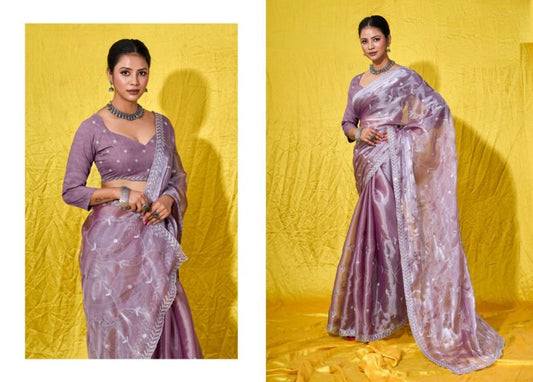 Lavender Silver Jari & Sequance Embroidery Work Burberry Silk Saree