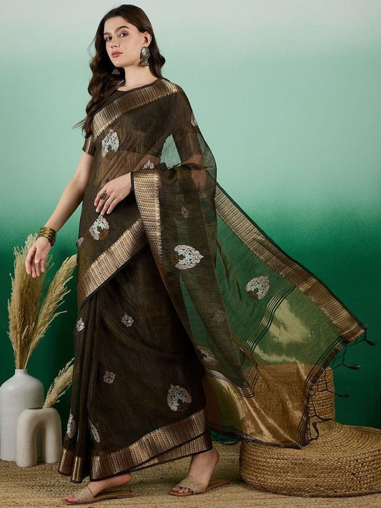 Mahendi Wevon Designer & Embroidery Work Khadi Organza Saree