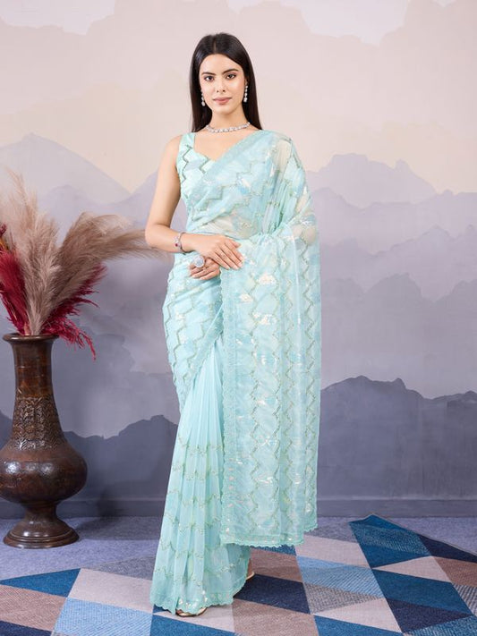 Sea Green Twill Net Designer Sequins Embroidery Work Bollywood Style Partywear Saree