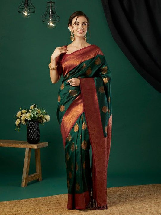 Bottle Green Banarasi Silk Woven Saree With Tassels on Pallu and Stitched Maroon Blouse