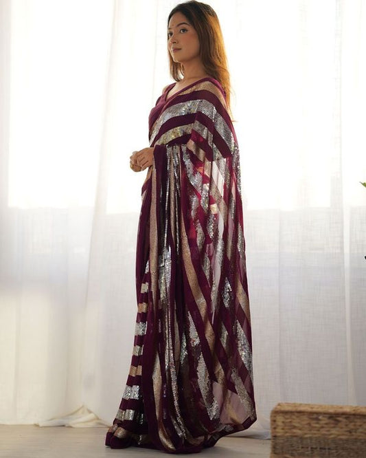 Wine Sequance Embroidery Work Border Georgette Saree