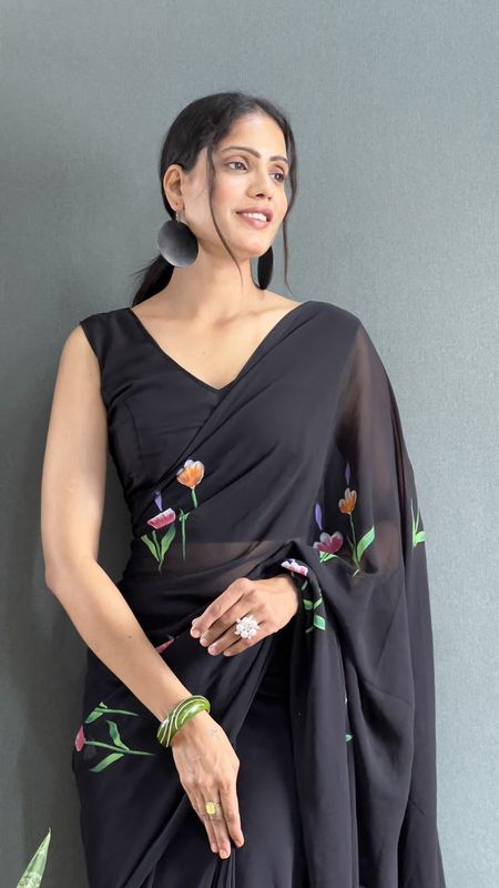 Black Color Faux Georgette Ready To Wear Designer Hand Printed Saree