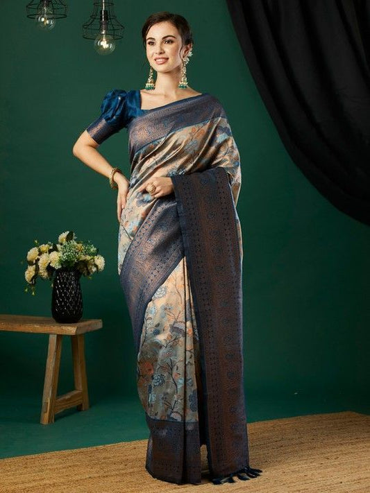 Grey Banarasi Woven Saree With Tassels on Pallu and Stitched Teal Blouse