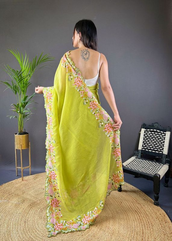 Green Cross Stich Embroidery Cut Work Glossy Silk Saree