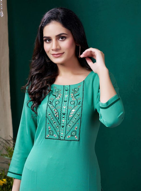 Sea Green Color Formal Looking Kurti With Maaza Cotton Hand Work With Pocket