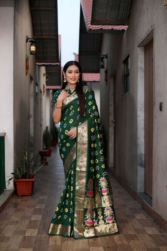 Green Wevon Matka Border & Pallu Designer & Bandhej Hand Printed Dola Silk Saree