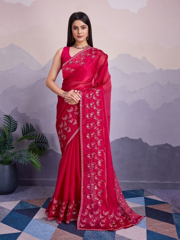 Pink Thread & Sequance Embroidery Work Jimmi Silk Saree