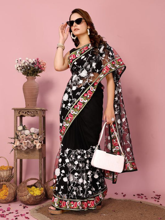 Black Multy Thread Embroidery Work Soft Net Saree