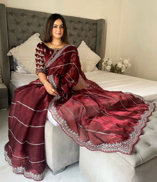 Maroon Heavy Silver Jari & Sequance Embroidery Work Jimmy Choo Saree