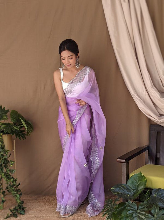 Purple Sequance Embroidery & Hand Work Organza Saree