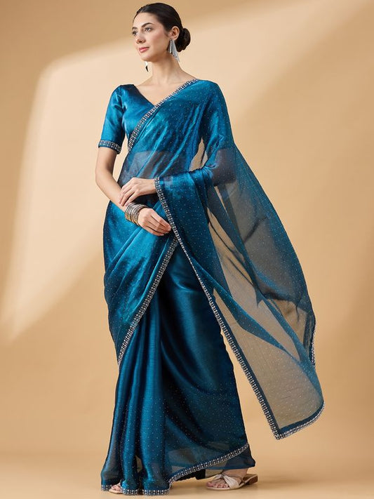 Teal Designer Swarovski & Stone Work Organza Saree