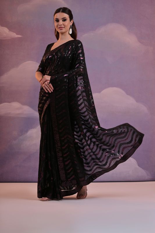 Black Laheriya Style Sequance Embroidery Work Georgette Saree