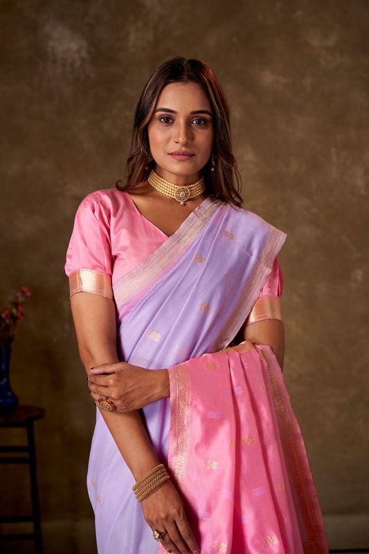 Light Pink Cotton Woven Saree With Tassels on Pallu and Stitched Light Pink Blouse