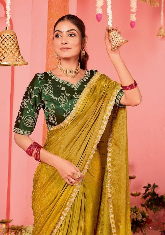 Gold Wevon Designer & Embroidery Work Satin Jacquard Saree