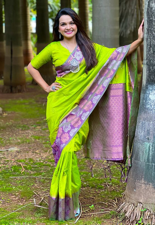 Lime Soft Silk Weaving Dual Jari Designer Ethnic Indian Traditional Saree