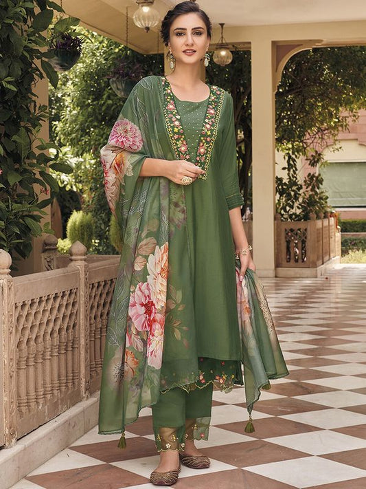 Dark Green Embroidered Kurta Sets