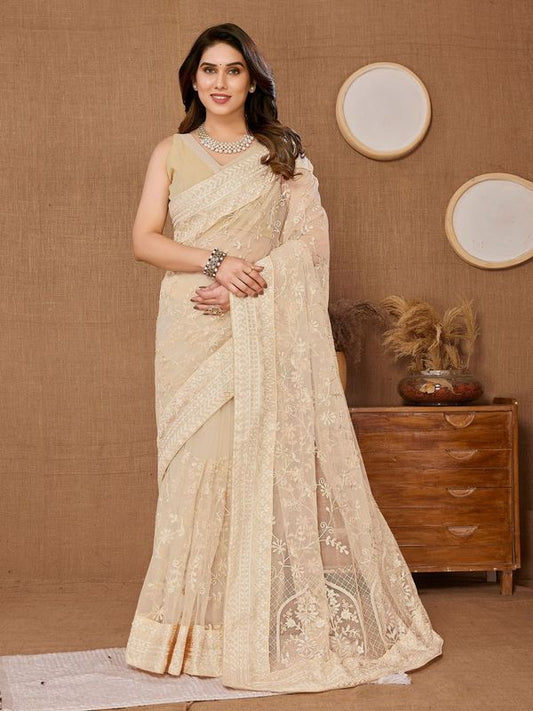 Beige Designer Thread Embroidery Work Soft Net Saree