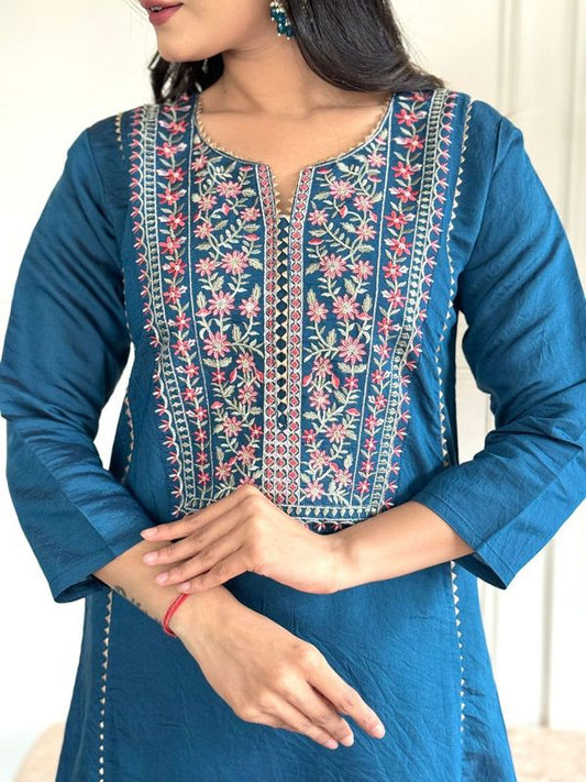 Blue Chanderi Viscose A-Line Kurta