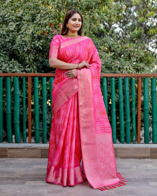 Pink Dola Silk Wevon Pallu Border Designer Saree With Digital Print