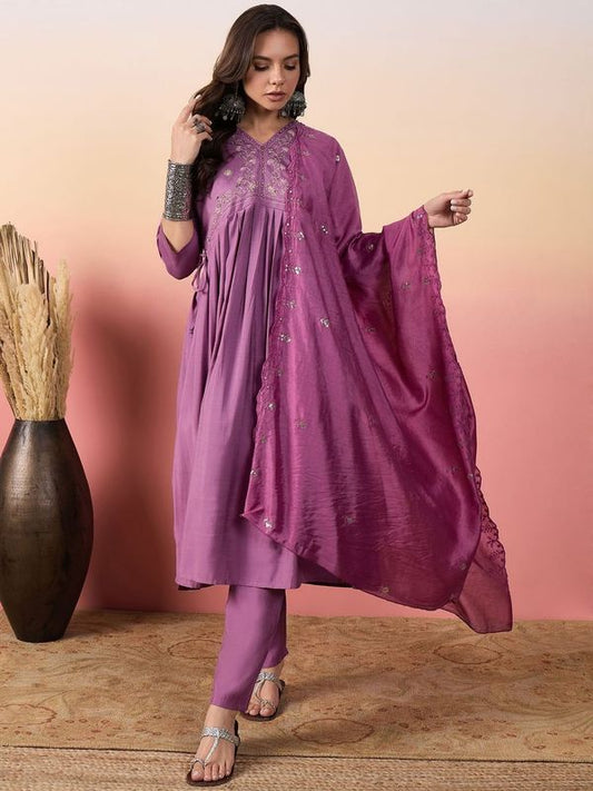 Purple Color Beautiful Woven Silk Readymade Suit with Festive Thread Embroidery Work