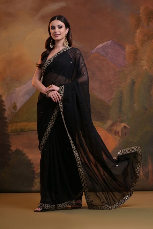 Black Sequance Butti Embroidery Work Georgette Saree