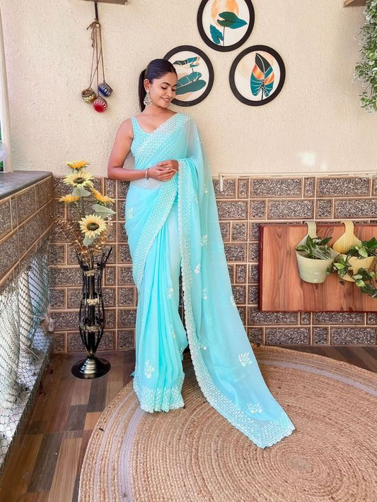 Sky Blue Sequance Embroidery Cut Work Georgette Saree