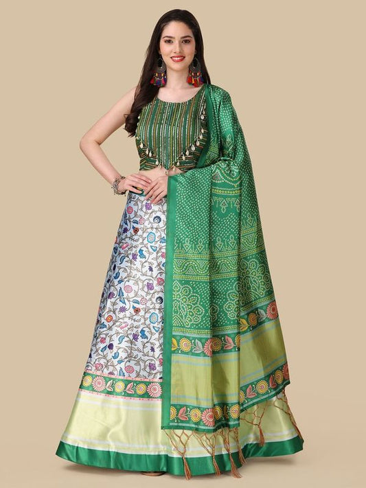 Digital Print Satin Silk Fabric Stitched Lehenga Choli With Jequared Blouse and Assami Silk Thread Work Dupatta For Women and Girls In Festive Party And Traditional Wear