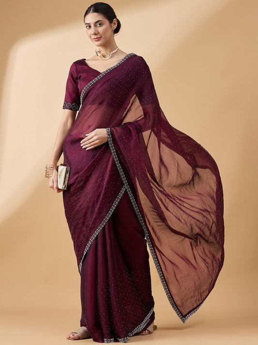 Purple Designer Swarovski & Stone Work Organza Saree