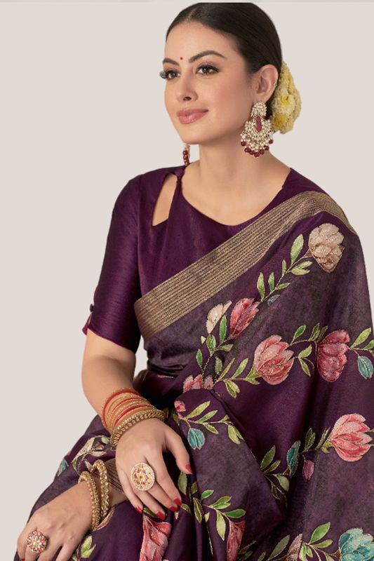 Purple Rangkat Tussar Silk Floral Printed With Sequance Embroidery Work Heavy Wedding Ceremony Wear Saree