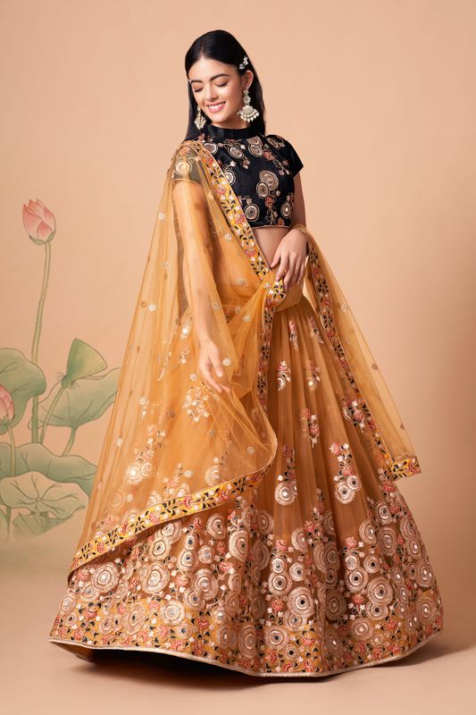 Gold and Black Women's Soft Net Embroidery Lehenga Choli