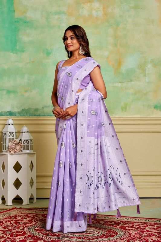 Lavender Color Cotton Fabric Wevon Designer Ethnic Festive Wear Saree