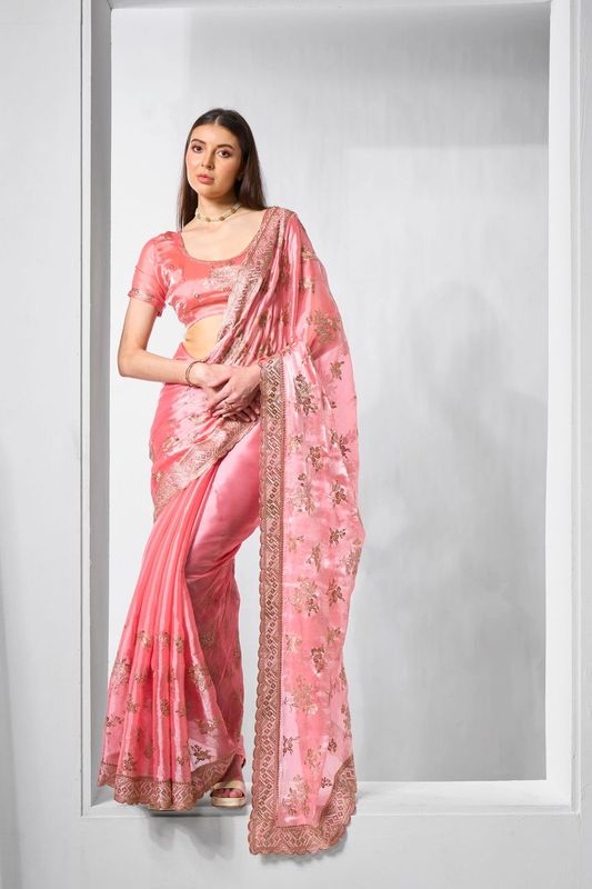 Coral Color Burburry Fabric Bollywood Style Designer Embroidery Work Evening Party Saree
