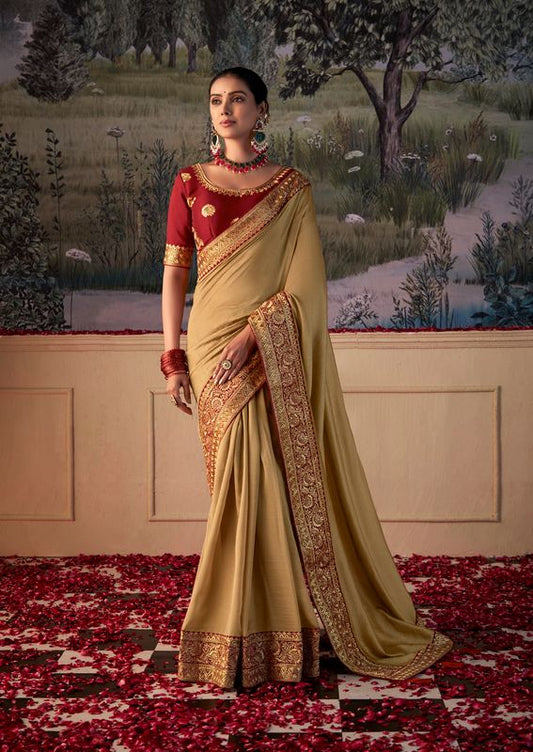 Sandy Brown Wevon Lace Border Designer Embroidery Work Vichitra Saree