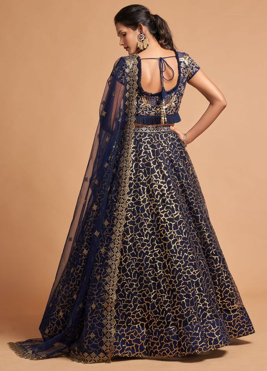 Navy Blue Women's Soft Net Embroidery Lehenga Choli