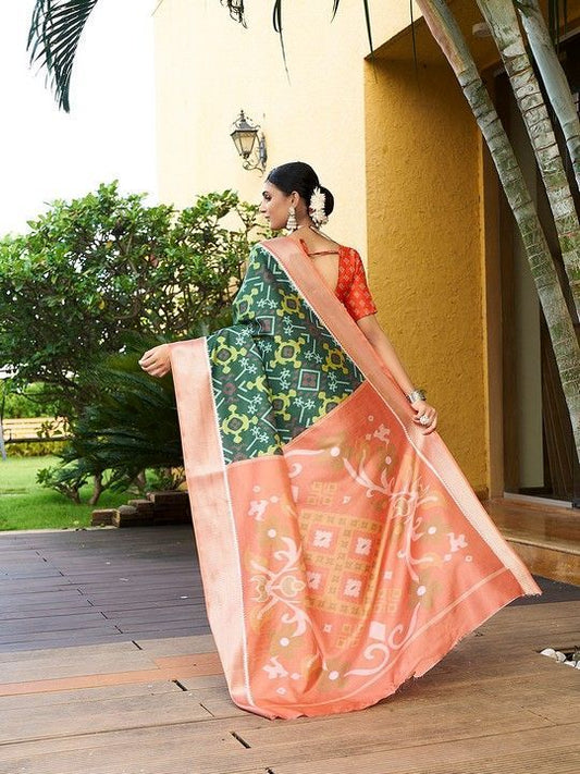 Green Crepe Bandhani Saree and Stitched Orange Blouse