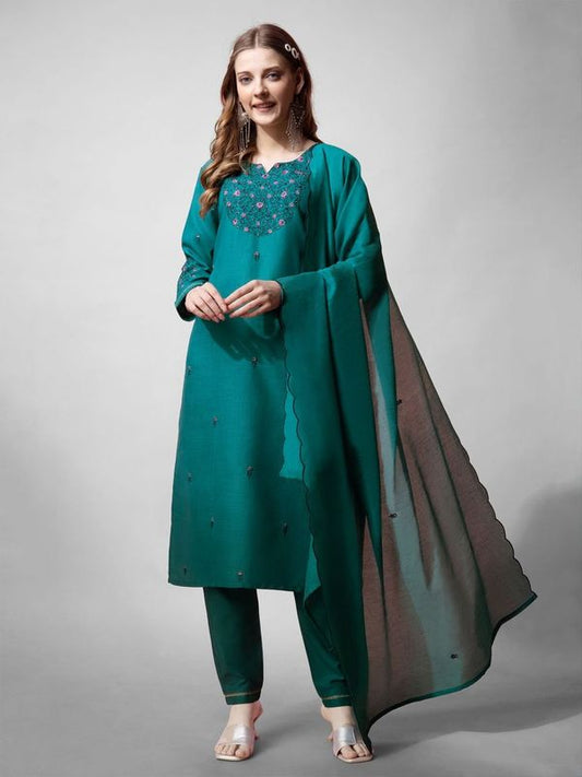 Rama Color Cotton Blend Readymade Dress With Designer Embroidery Work