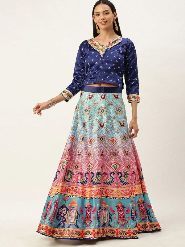 Digital Print Satin Silk Fabric Stitched Lehenga Choli With Jequared Blouse and Assami Silk Thread Work Dupatta For Women and Girls In Festive Party And Traditional Wear