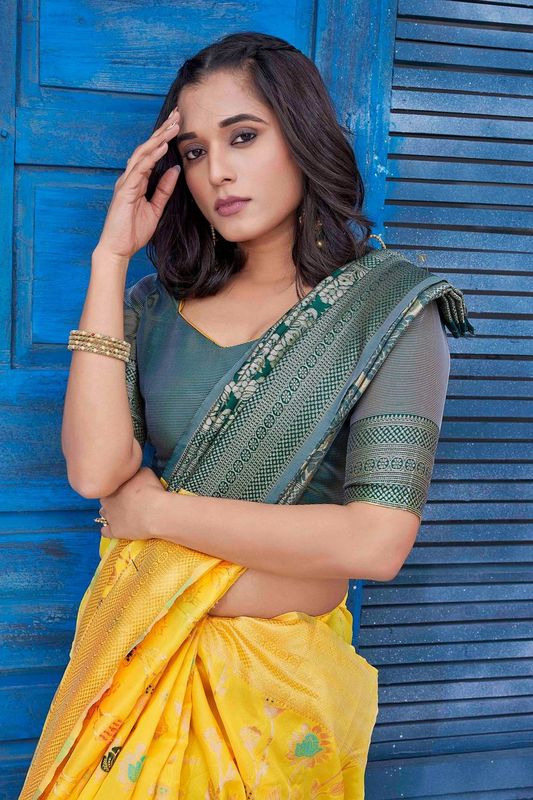 Yellow Color Glamorous Wevon Jacquard Designer Silk Blend Wedding Season Saree