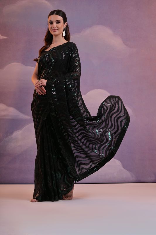 Black Laheriya Style Sequance Embroidery Work Georgette Saree