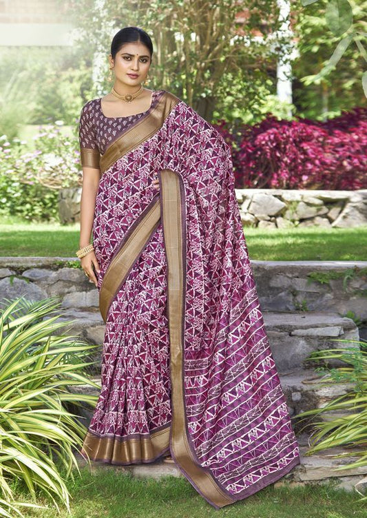 Pink Purple Wevon Border Designer With Printed Kalamkari Silk Saree