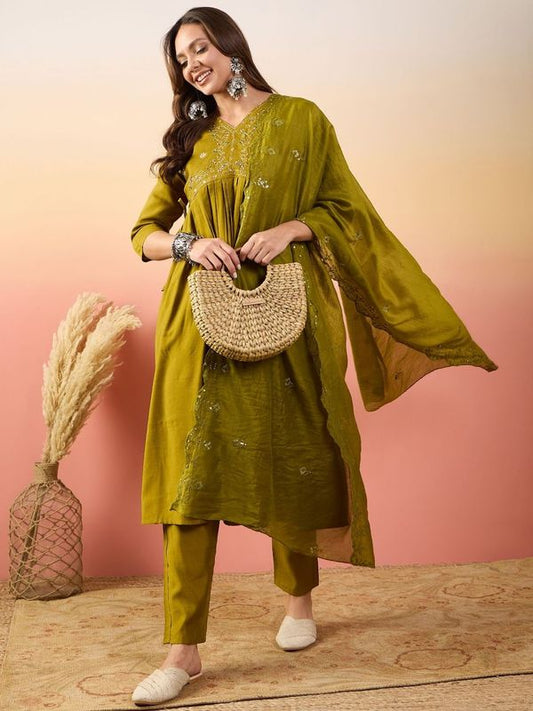 Green Color Beautiful Woven Silk Readymade Suit with Festive Thread Embroidery Work